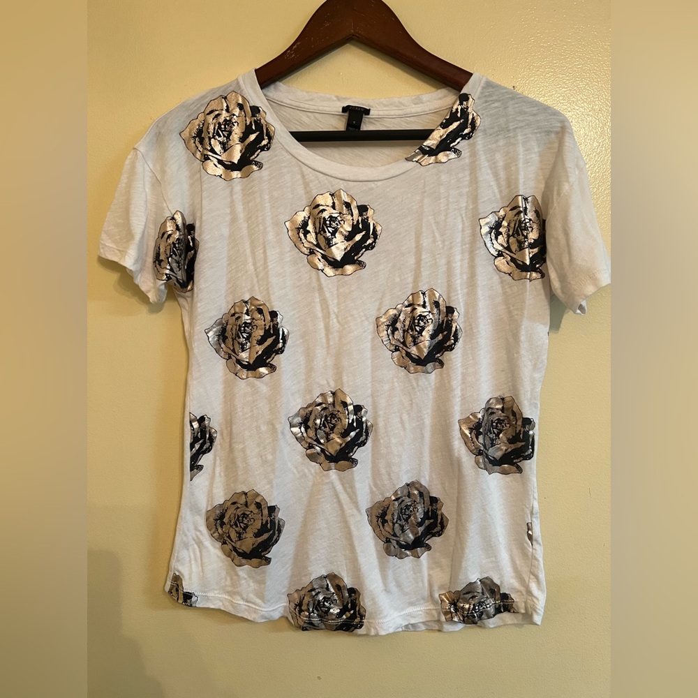 J. CREW White Pop Art Rose Tee Shirt Size S EUC